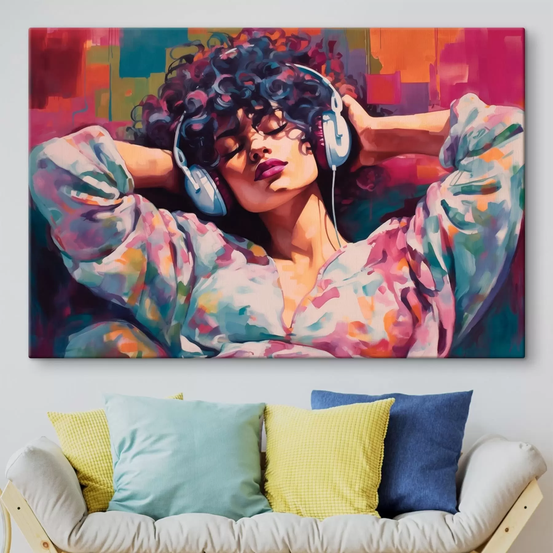 Pilt Naine kõrvaklappidega värvikas maalilises stiilis s48335