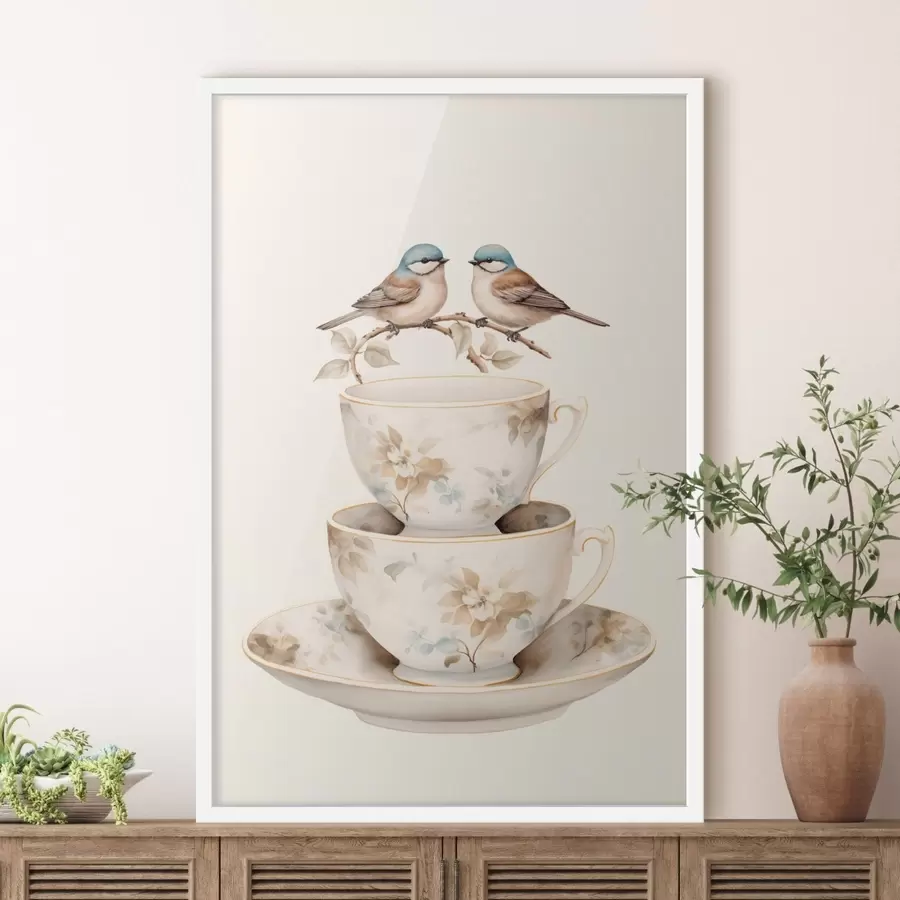 Fototapeedid Kaks lindu teetasside kohal olevas oksas f48347