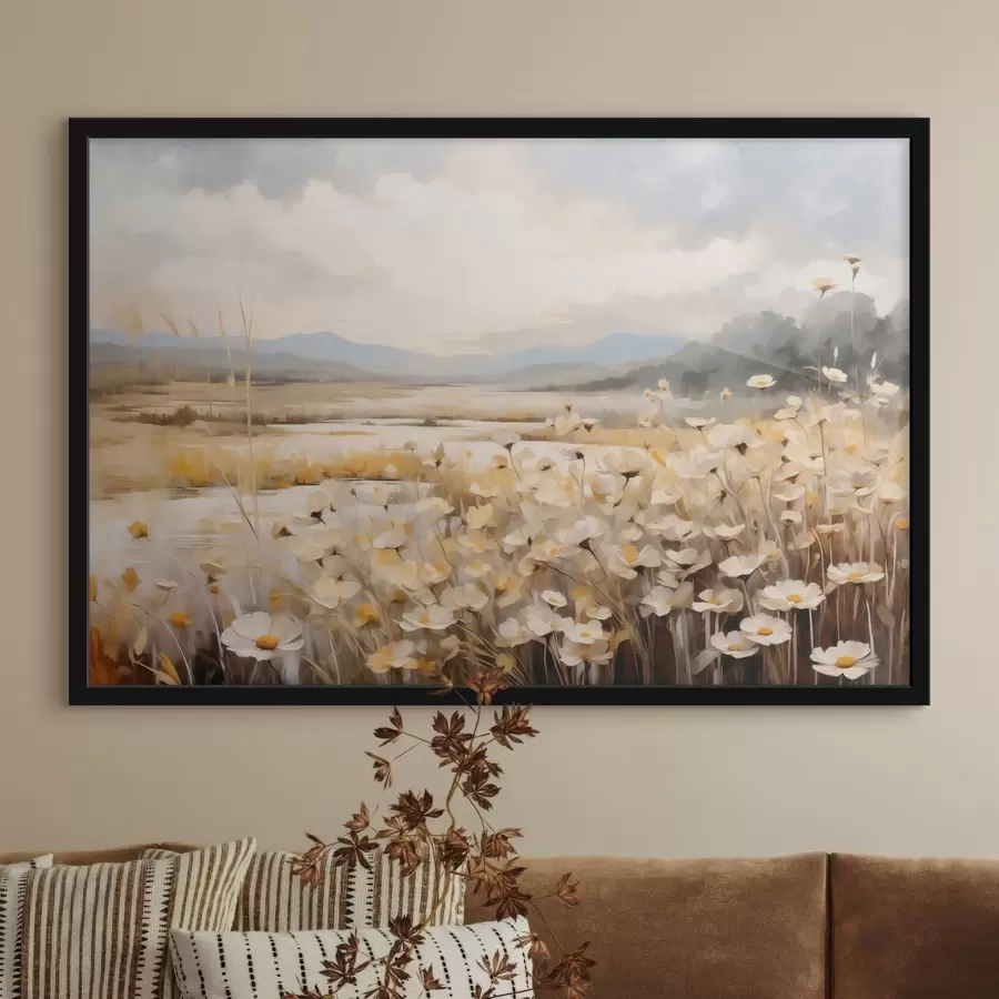 Fototapeedid Veekogu ääres kasvavad looduslilled pehmes maalilises stiilis f48354