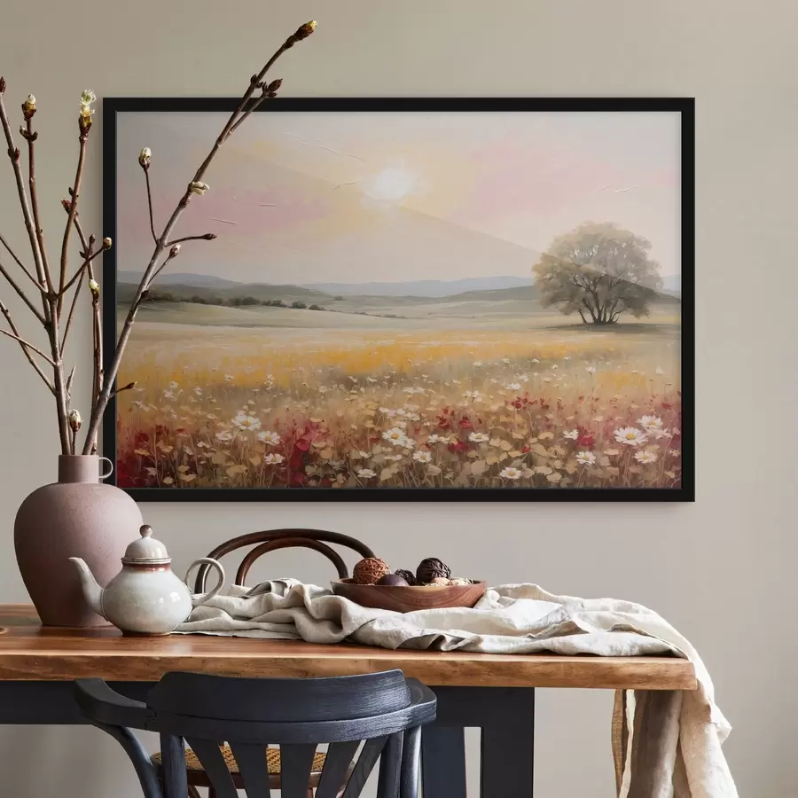 Fototapeedid Maastik lillede väljaga ja puuga silmapiiril f48355