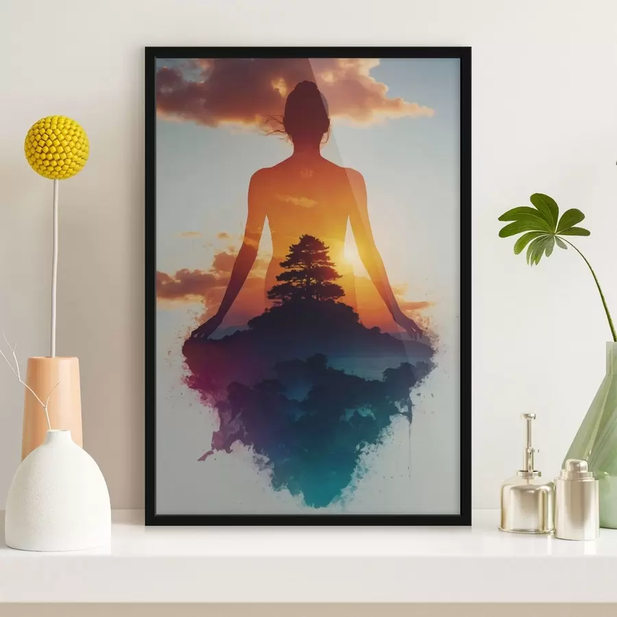 Fototapeedid Inimese siluett päikeseloojanguga maastiku taustal f48364