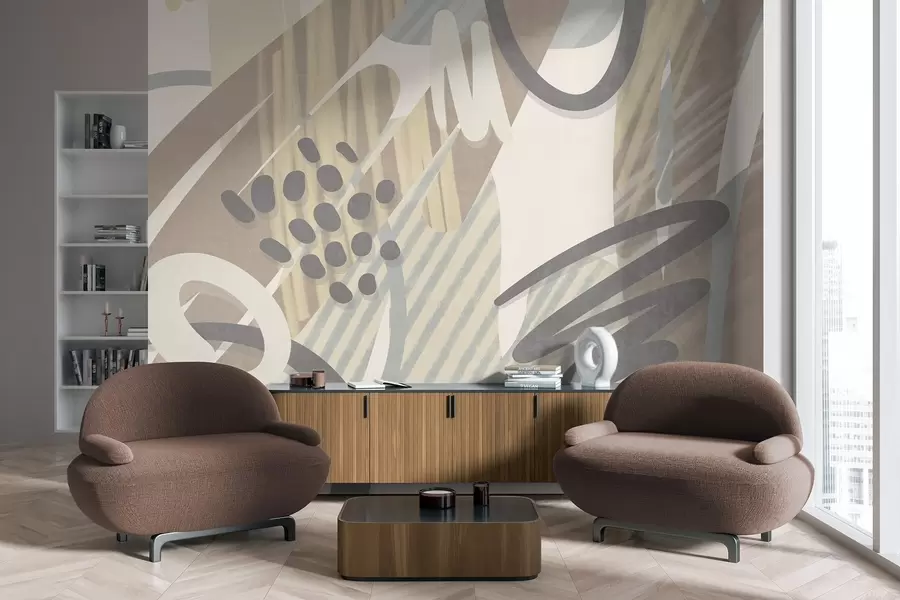 Fototapeedid Abstraktne tekstuurne trükis, millel on orgaanilised kujundid, kriipsud ja täpid vaoshoitud pastelltoonides w09774