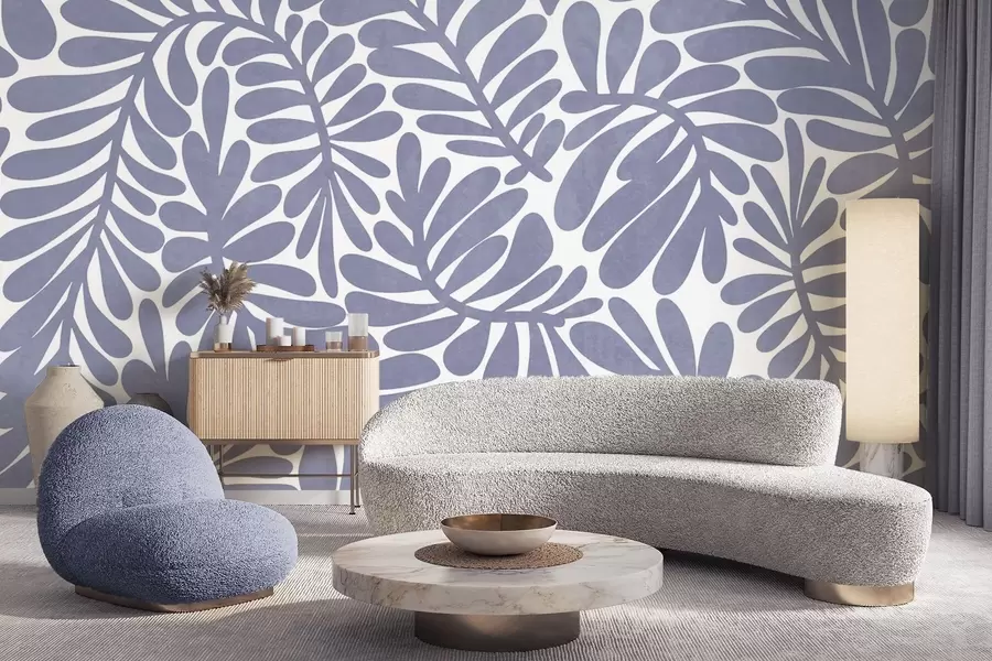 Fototapeedid Hele sinised stiliseeritud lehed heledal taustal, tekstuuriga kunstiteos w09775v1