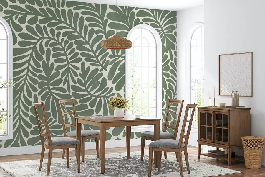 Fototapeedid Stiliseeritud rohelised lehed heledal taustal, tekstuuriga kunstiteos w09775v2