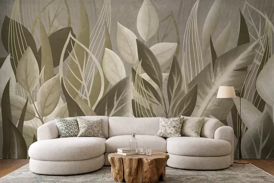 Fototapeedid Abstraktsed lehed beeži ja rohelistes toonides w05148