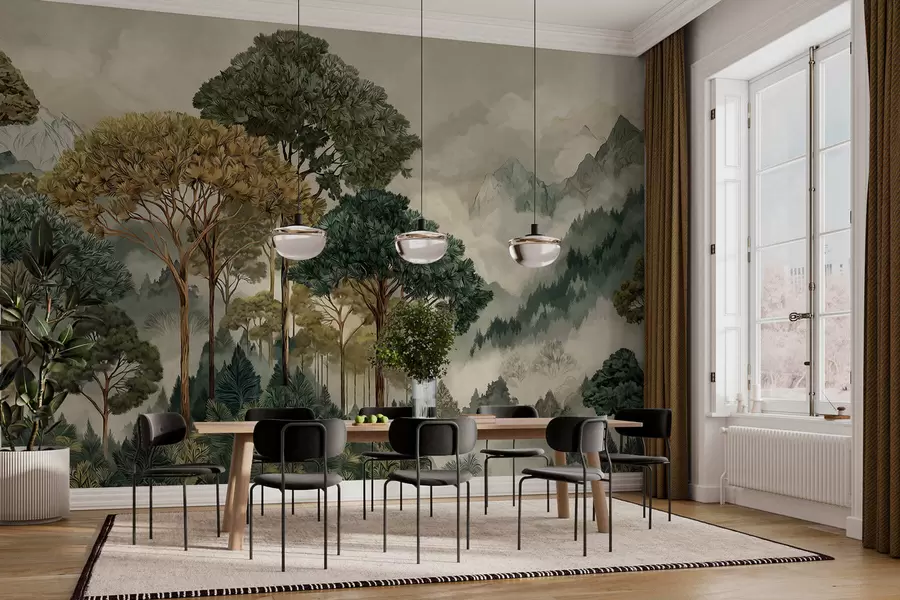 Fototapeedid Udukaetud mägedes asuv mets, kus kasvavad kõrged puud w05410