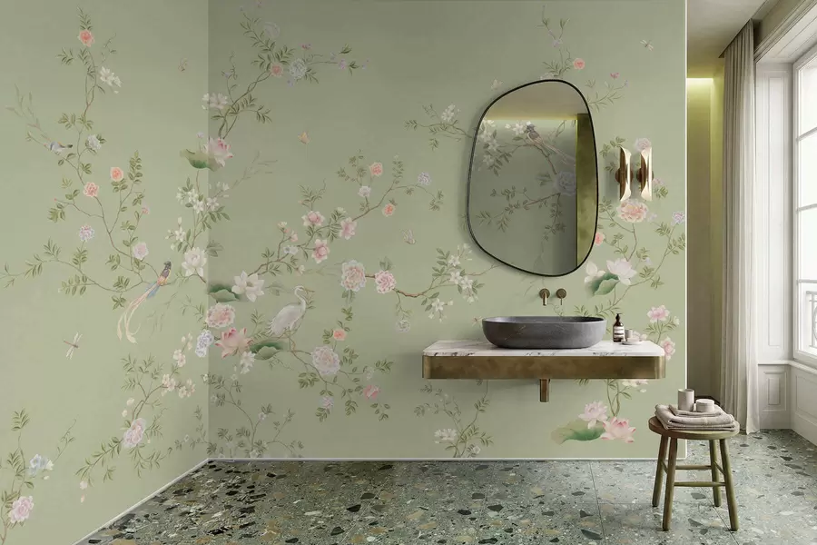 Fototapeedid Õitsvad oksad lindudega helerohelisel taustal w05416