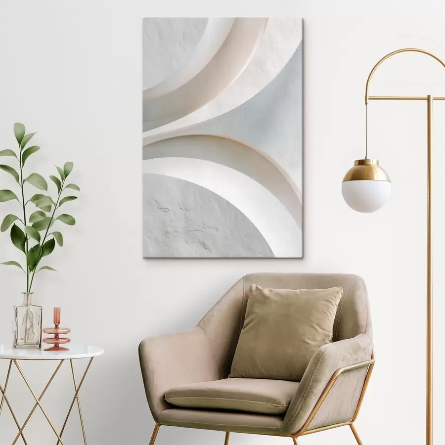 Pilt Dekoratiivpaneel, millel on heledal taustal ruumilised arhitektuurilised vormid s48191