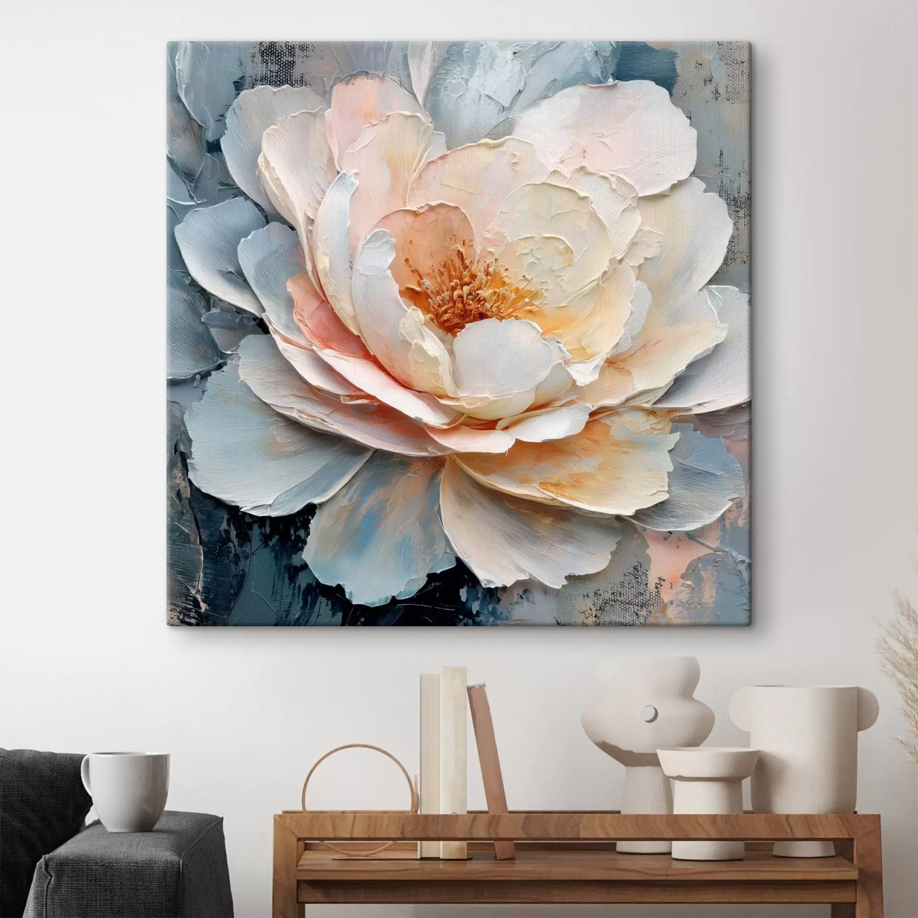 Pilt Lähedalt vaadeldav lill, mis on kujutatud väljendusrikaste tekstuuriga pintslitõmmetega kaasaegses maalikunsti stiilis s48198