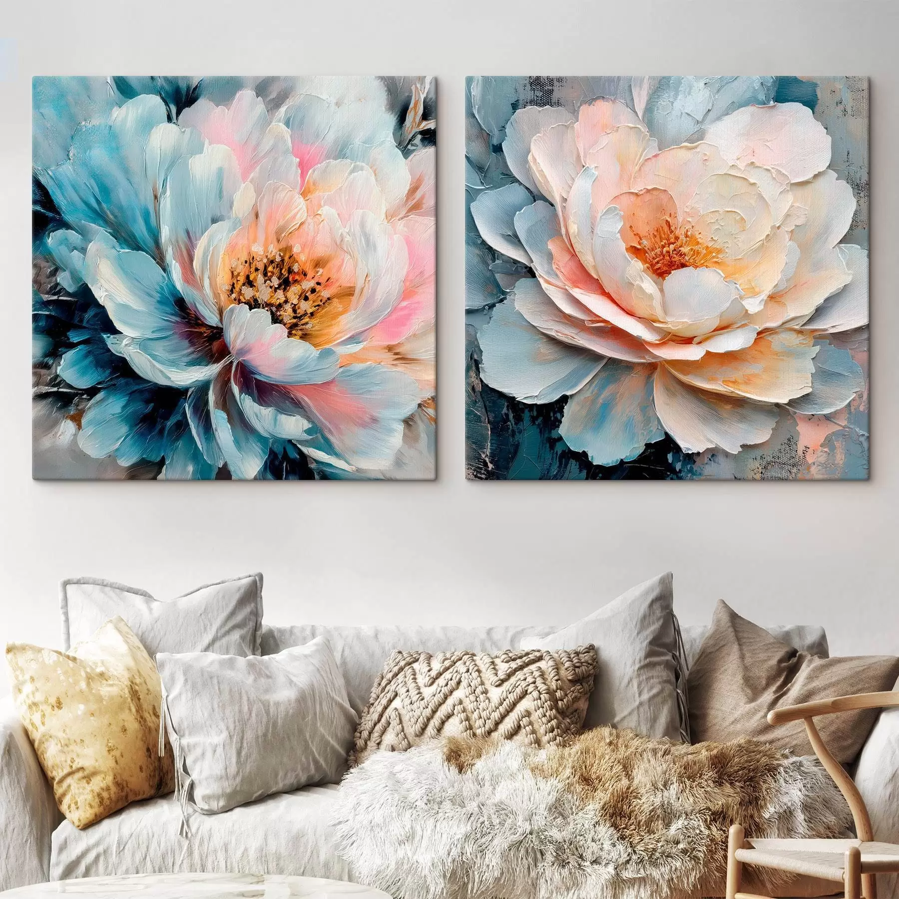 Pilt Abstraktne lillekompositsioon roosa ja sinise värvipaleti ning tekstuuriga kroonlehtedega m30148