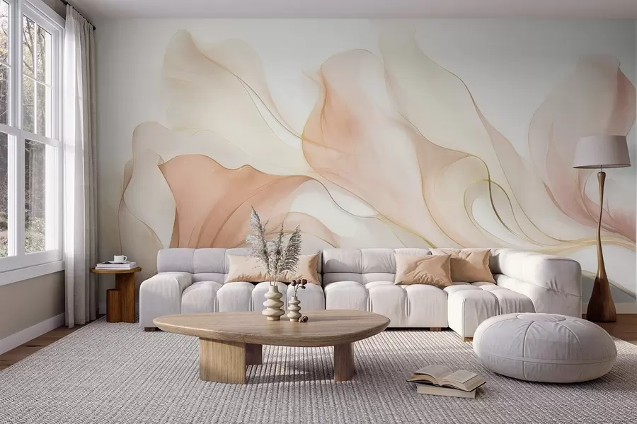 Fototapeedid Abstraktne voolav tekstuur virsiku- ja kreemitoonides, millel on õrnad jooned w09815
