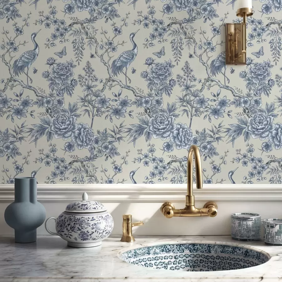 Fototapeedid Sinine lilleornament lindude ja okstega a01132