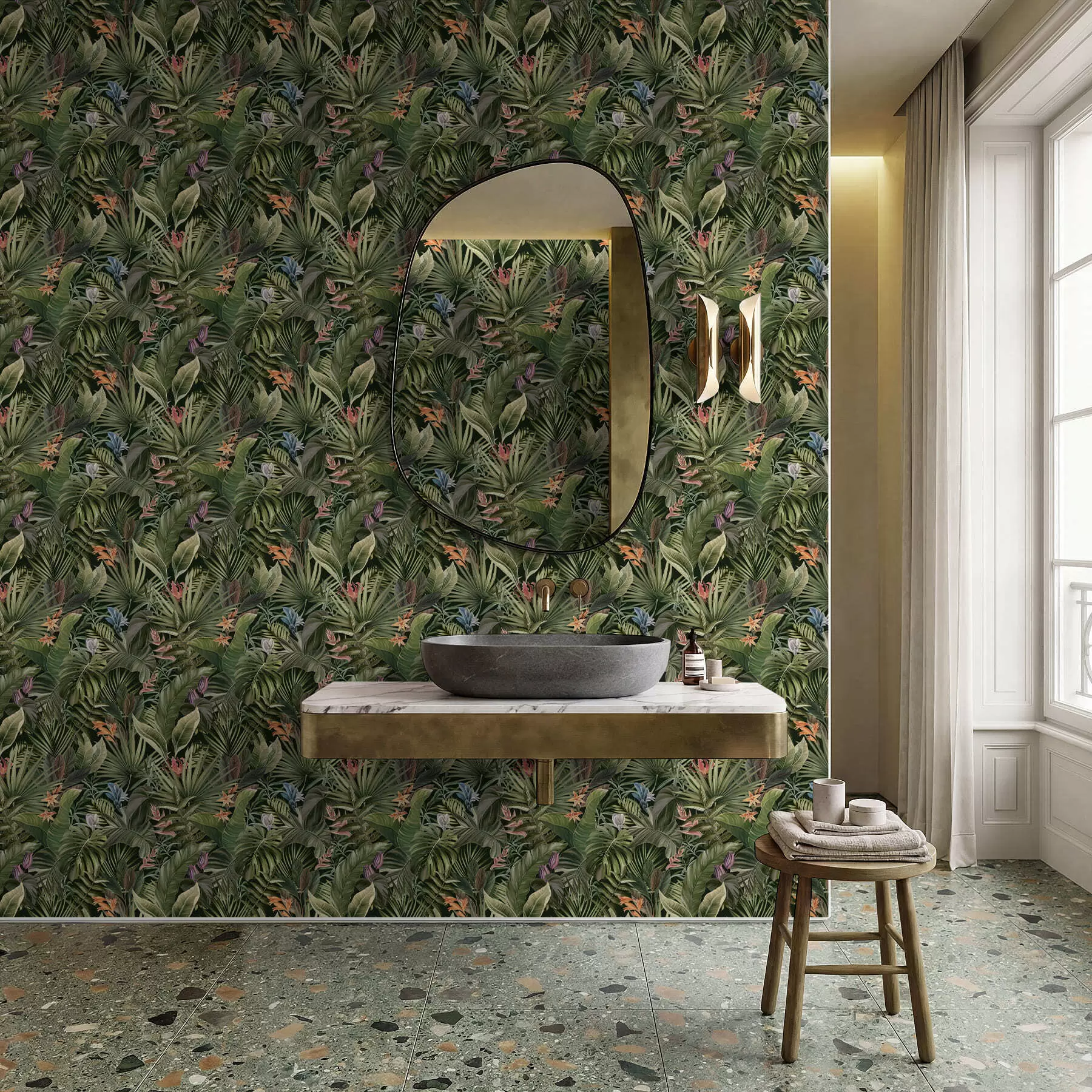 Fototapeedid Tropilised lehed ja lilled tumedal taustal a01153