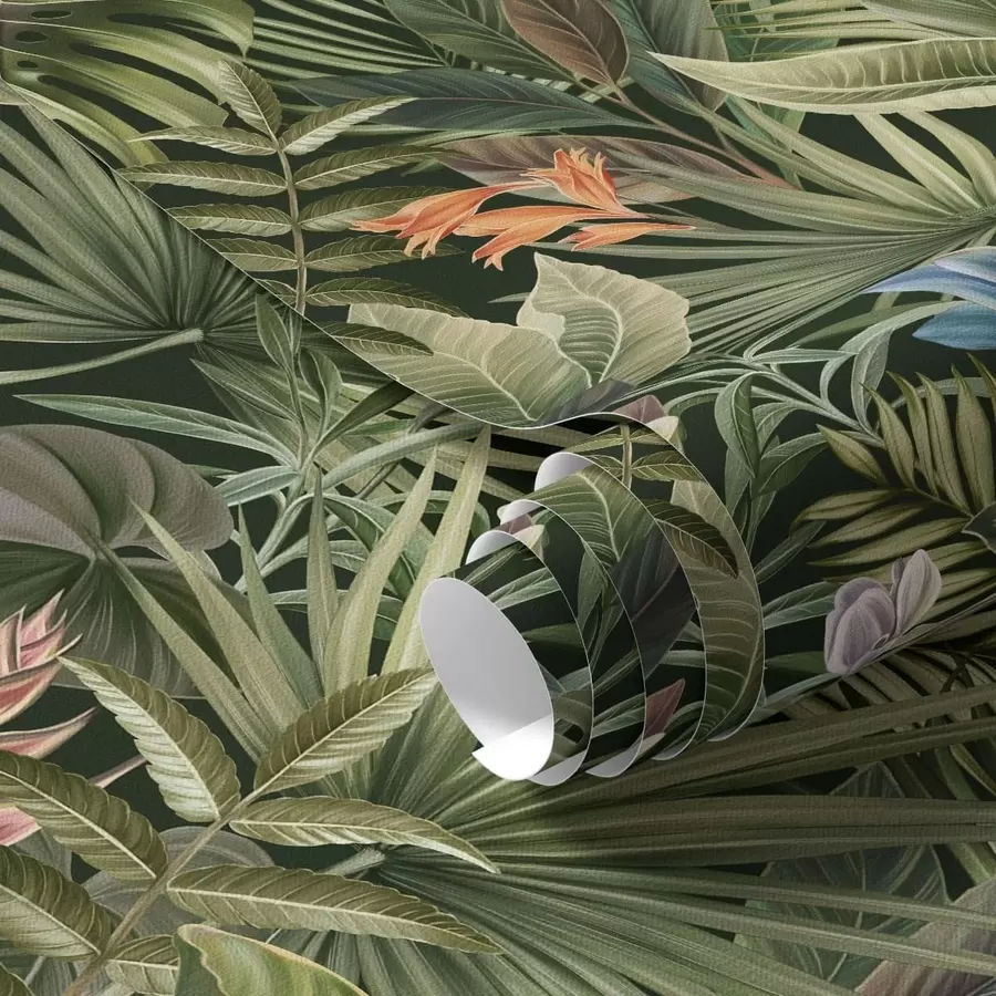 Fototapeedid Tropilised lehed ja lilled tumedal taustal a01153