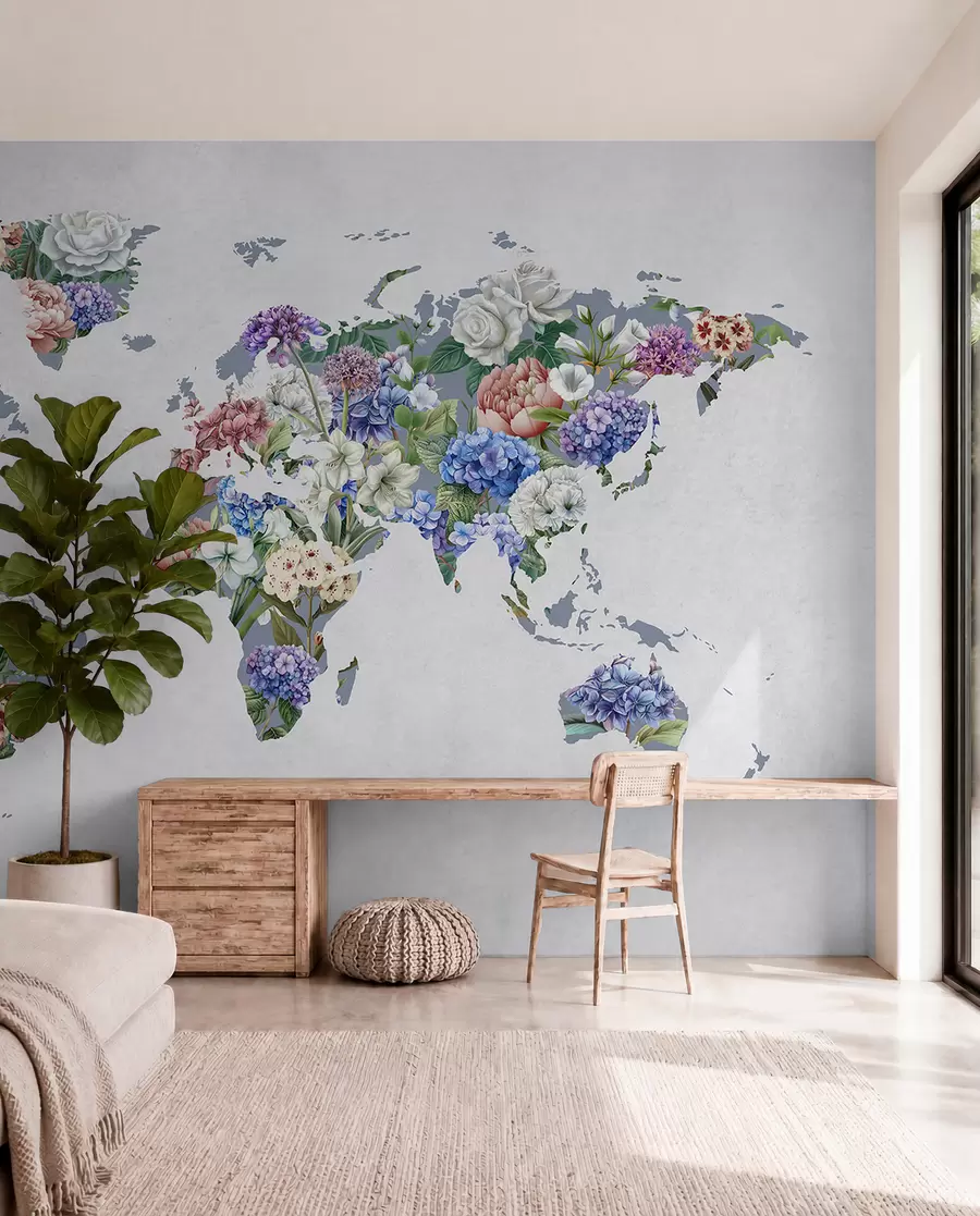 Fototapeedid Erinevatest erksavärvilistest lilledest koostatud värvikas maailmakaart c00006
