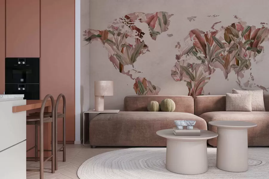 Fototapeedid Banaanilehtedest valmistatud roosa maailmakaart c00007v2