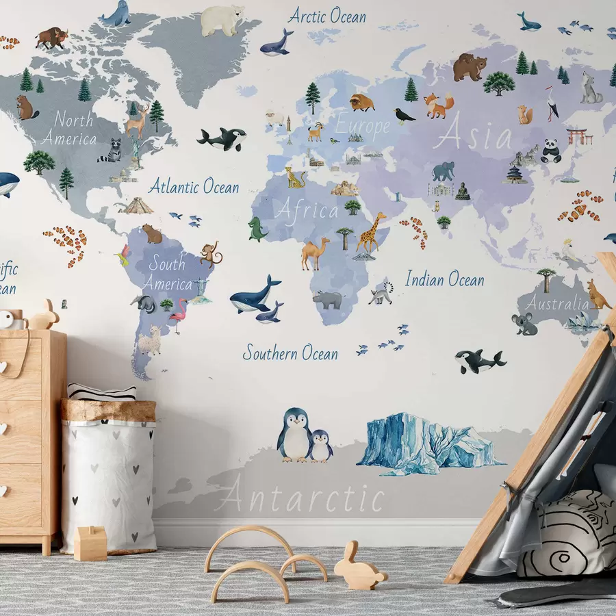 Fototapeedid Akvarellistiilis sinine kaart, millel on kujutatud loomi, taimi ja arhitektuuri. Kirjed on inglise keeles c00009env1