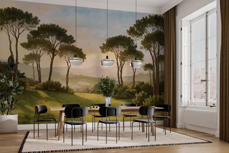 Fototapeedid Maastik puudega soojas päikeseloojangus w05122