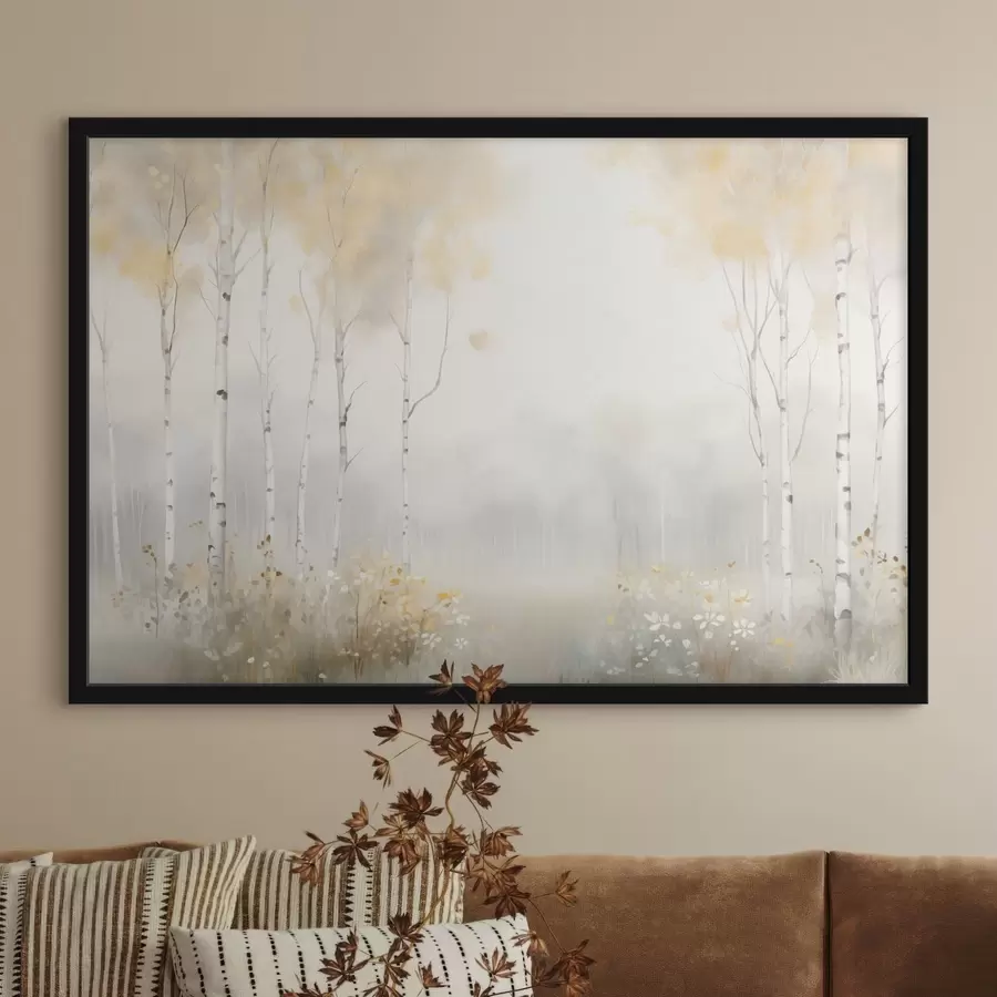 Fototapeedid Uduhõlmas asuv hõredate puude mets, pehmed heledad toonid f48623