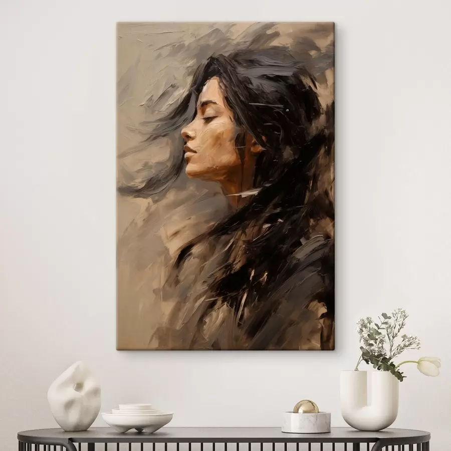 Pilt Naise profiil maaliliste pintslitõmmetega, soojades toonides s48621