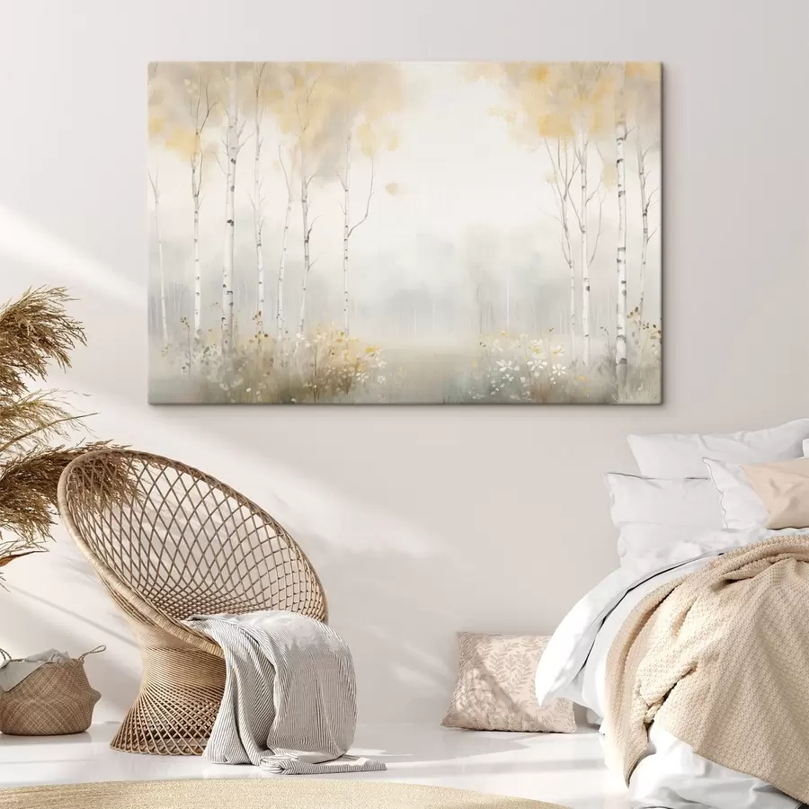 Pilt Uduhõlmas asuv hõredate puude mets, pehmed heledad toonid s48623