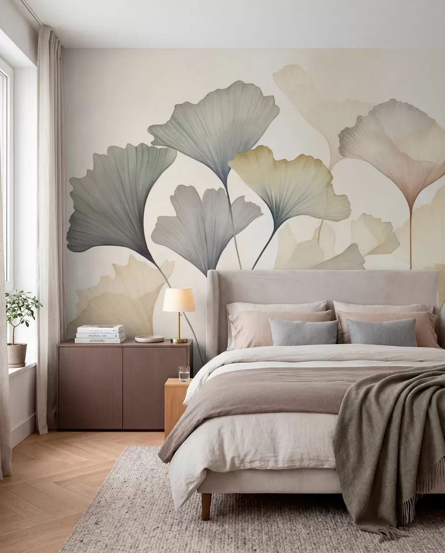 Fototapeedid Kokkuvõte: ginkgo lehed vaoshoitud pastelltoonides, nagu sinine, roheline ja virsiku värvi, tekstuuriga kunstiteos w09810
