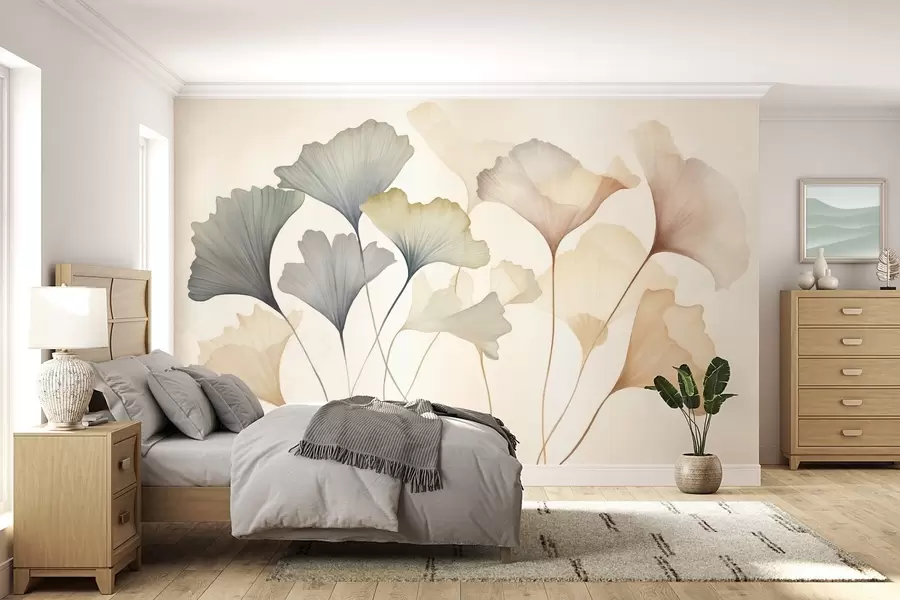 Fototapeedid Kokkuvõte: ginkgo lehed vaoshoitud pastelltoonides, nagu sinine, roheline ja virsiku värvi, tekstuuriga kunstiteos w09810