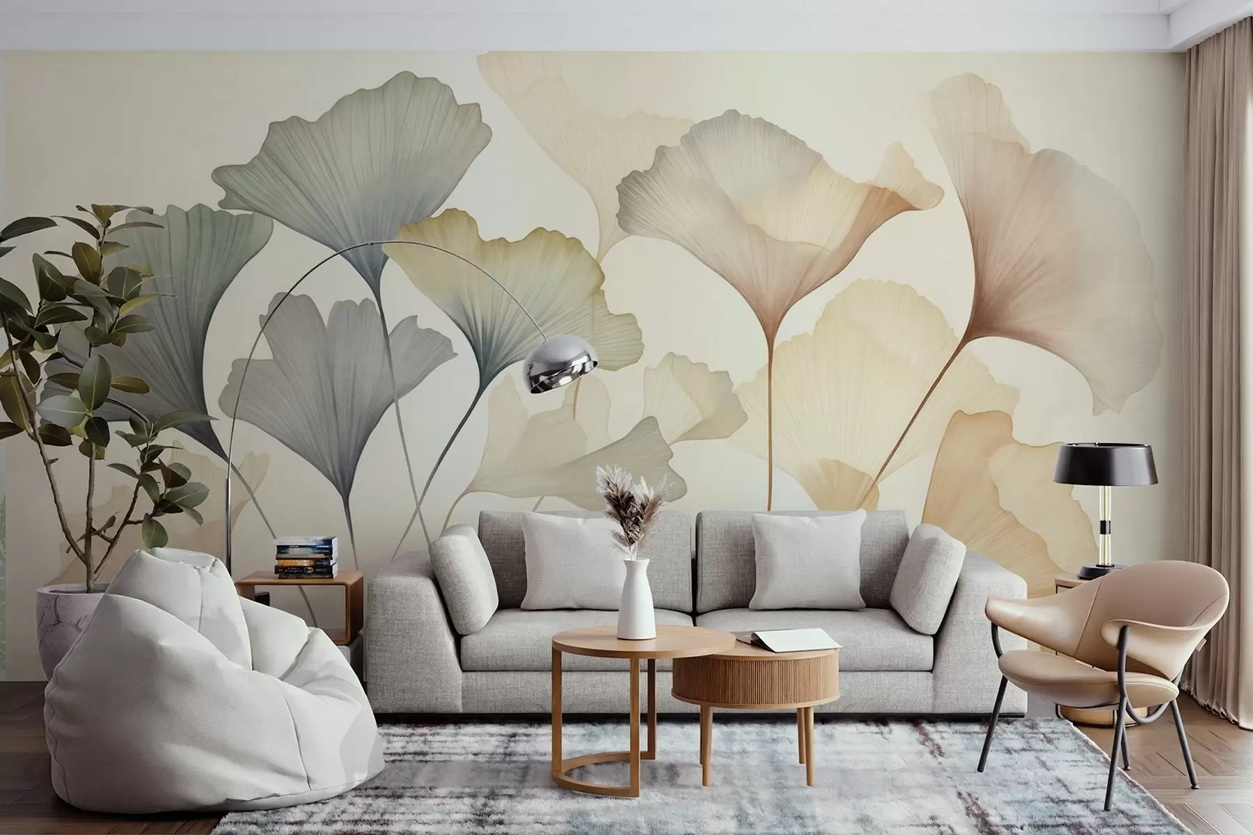 Fototapeedid Kokkuvõte: ginkgo lehed vaoshoitud pastelltoonides, nagu sinine, roheline ja virsiku värvi, tekstuuriga kunstiteos w09810