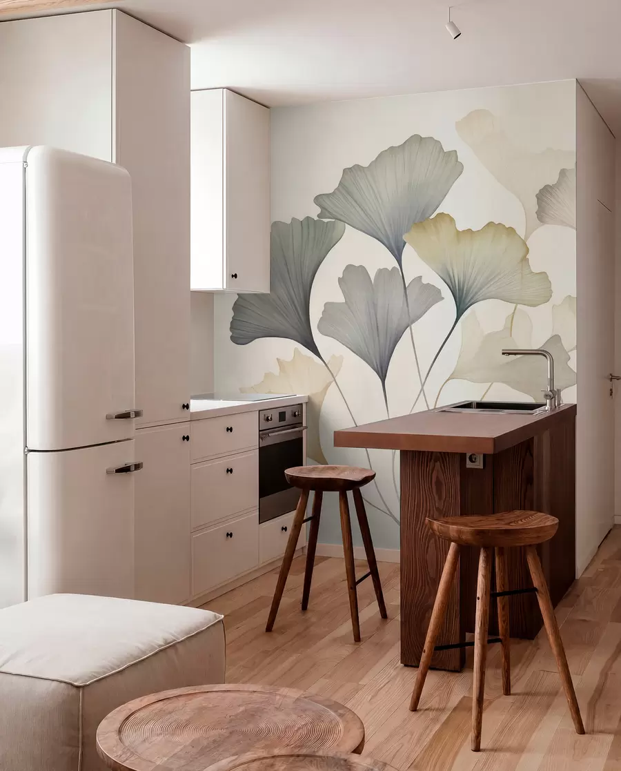 Fototapeedid Kokkuvõte: ginkgo lehed vaoshoitud pastelltoonides, nagu sinine, roheline ja virsiku värvi, tekstuuriga kunstiteos w09810