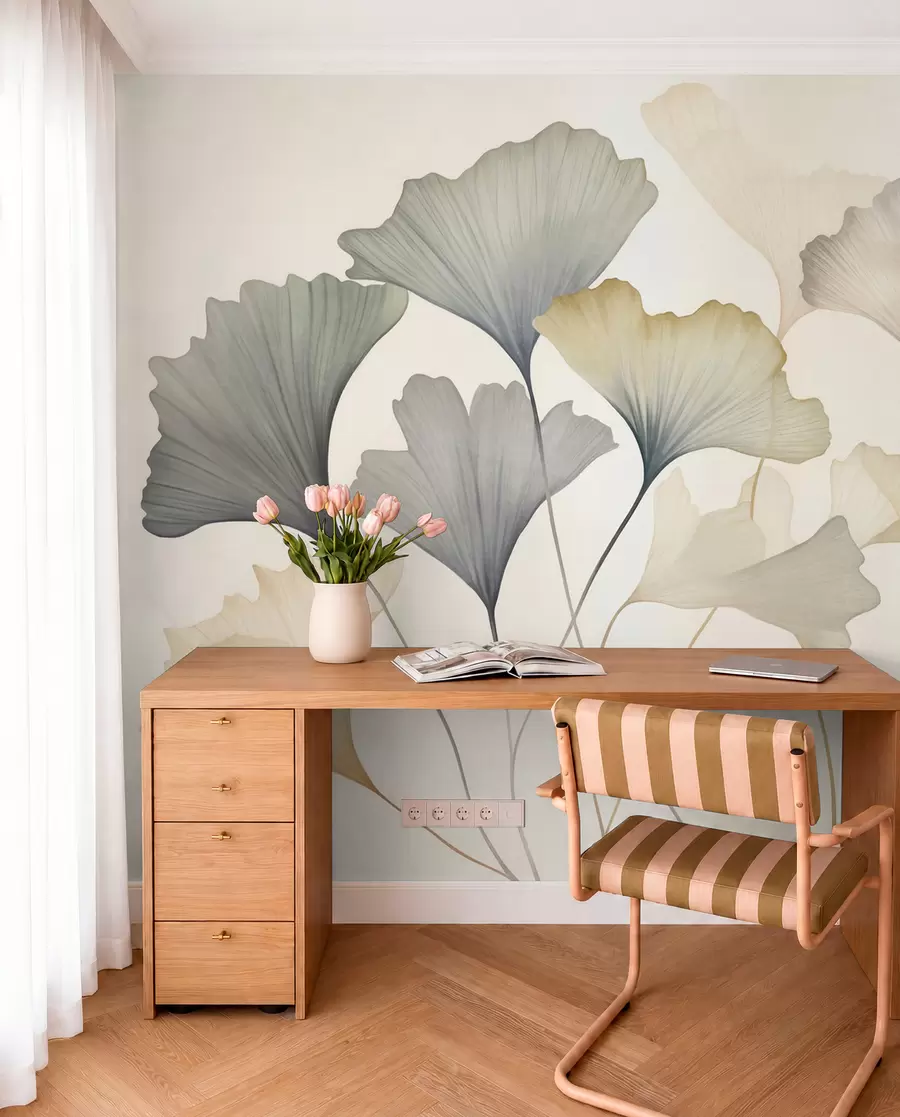Fototapeedid Kokkuvõte: ginkgo lehed vaoshoitud pastelltoonides, nagu sinine, roheline ja virsiku värvi, tekstuuriga kunstiteos w09810