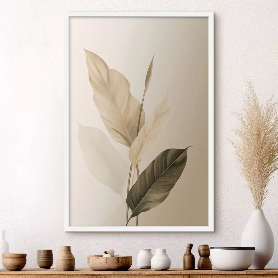 Fototapeedid Suured troopilised lehed beeži ja pruuni toonides, hele taust f48725