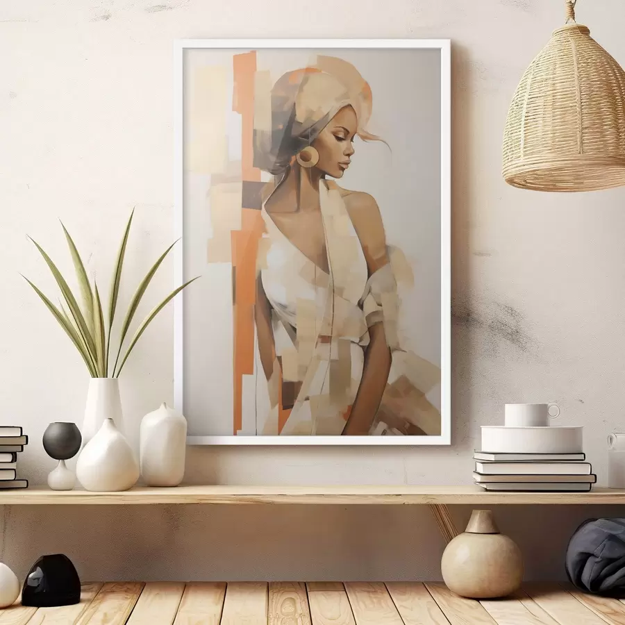 Fototapeedid Abstraktne naisportree oranžide ja beežide kujunditega f48735