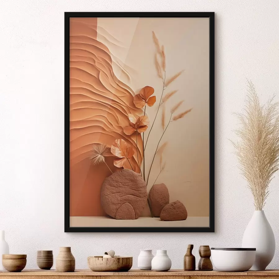 Fototapeedid Minimalistlik kunstiteos kuivatatud lilledest ja pampasrohtudest, tekstuurse taustaga f48739