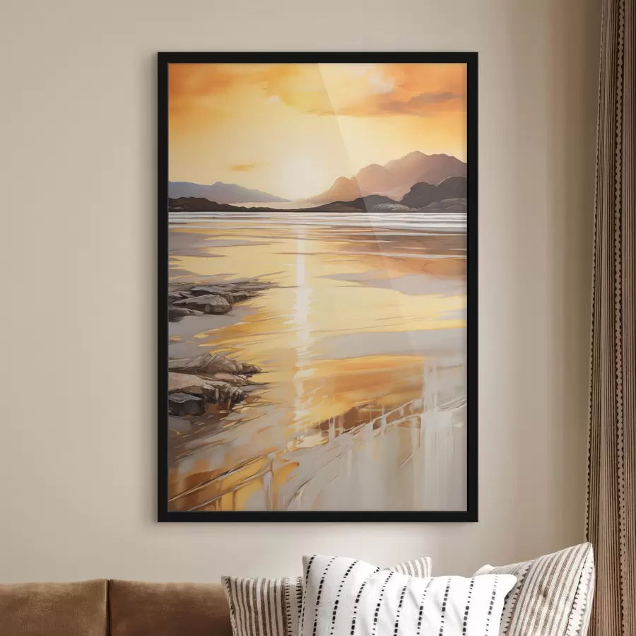 Fototapeedid Maastik jõega ja mägedega sooja oranži taeva all, päikeseloojang f48756