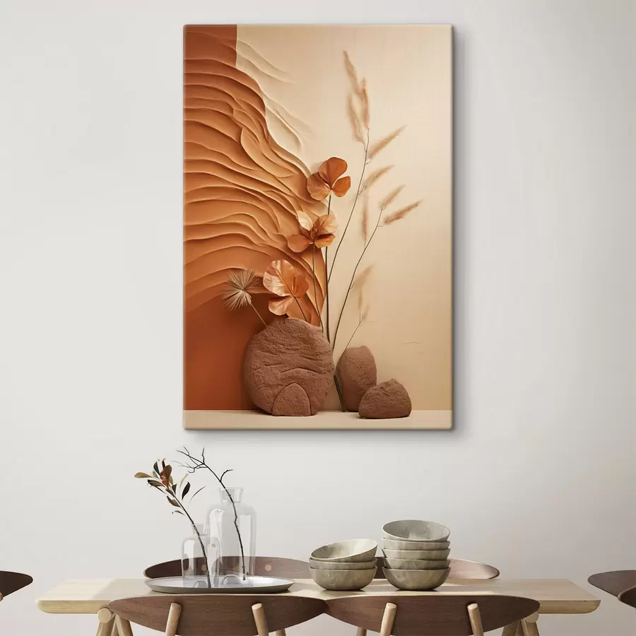 Pilt Minimalistlik kunstiteos kuivatatud lilledest ja pampasrohtudest, tekstuurse taustaga s48739