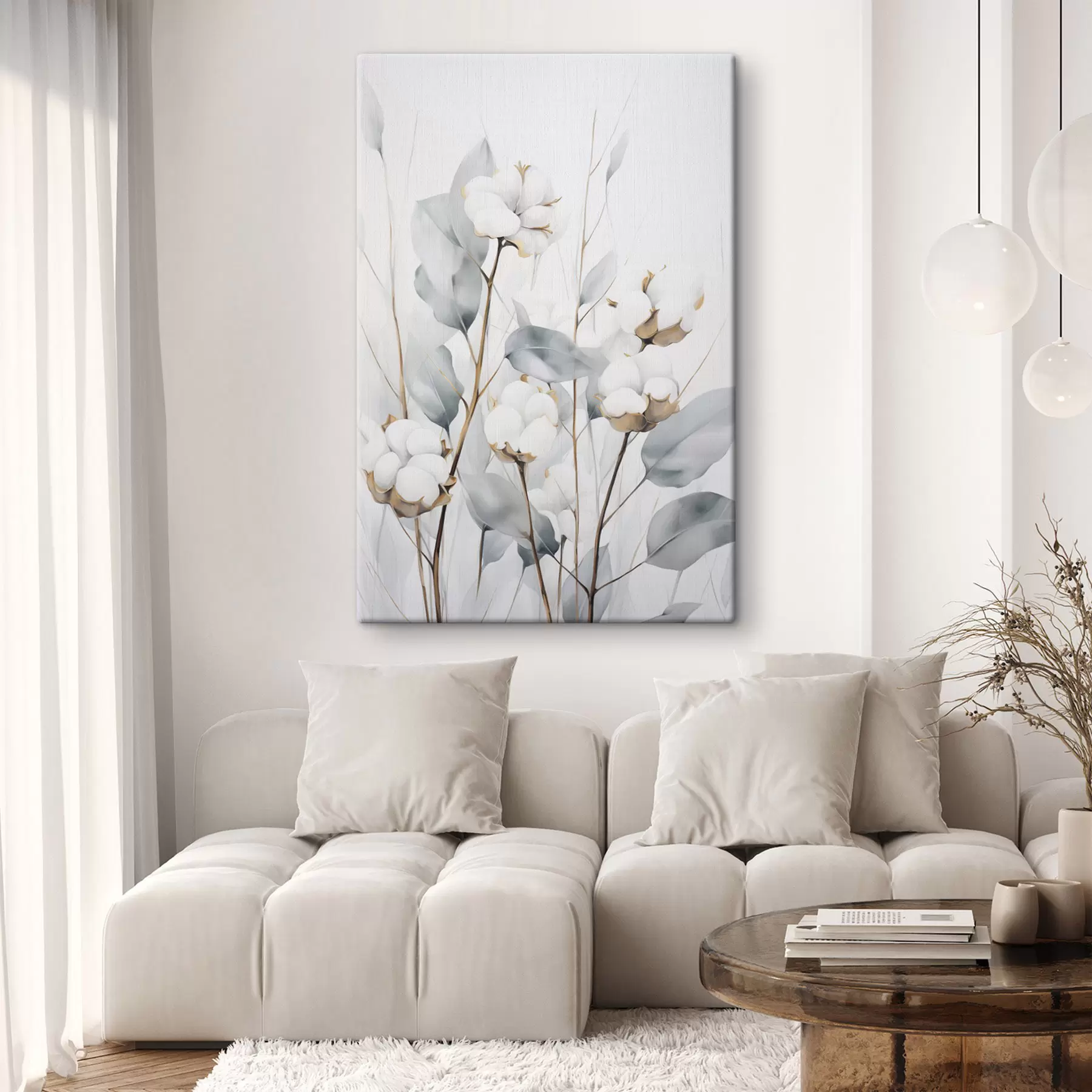 Pilt Valge puuvillataim helesiniste-roheliste lehtedega heledal taustal s48743