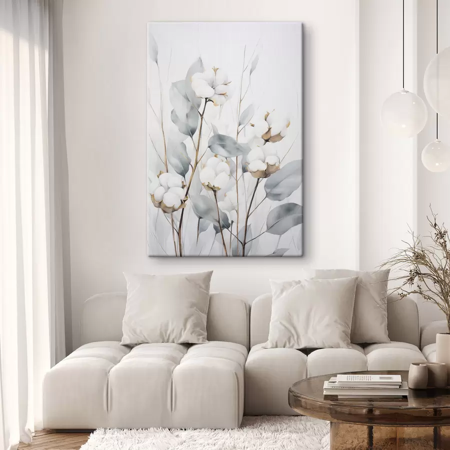 Pilt Valge puuvillataim helesiniste-roheliste lehtedega heledal taustal s48743