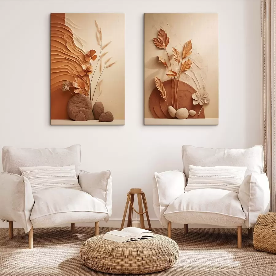 Pilt Minimalistlik kunstiteos kuivatatud lilledest ja pampasrohtudest, tekstuurse taustaga m30320