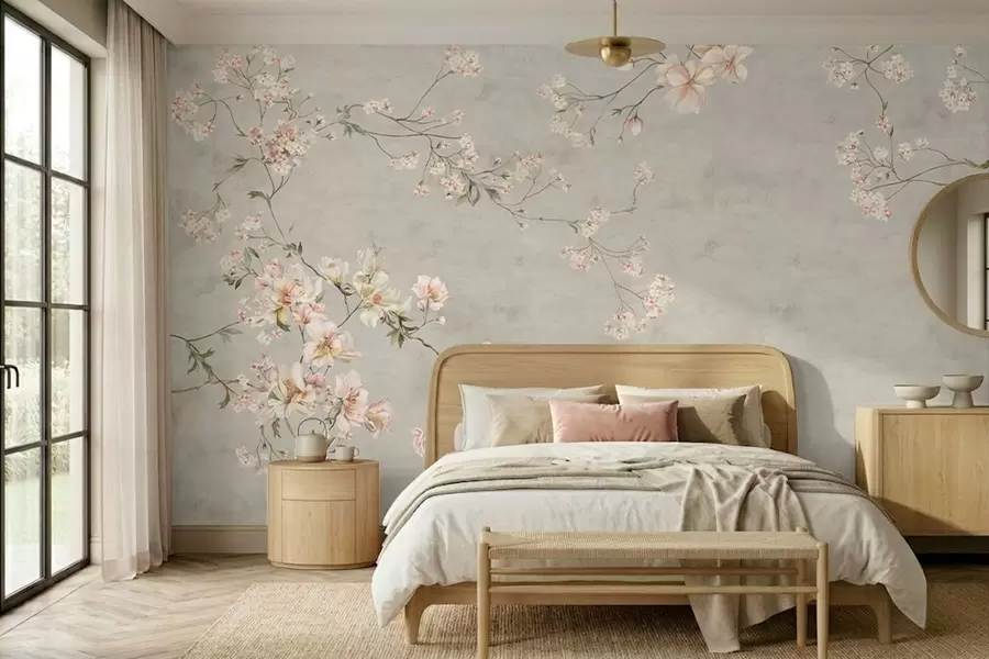 Fototapeedid Hiina stiilis lilleoksad hallil taustal w05427v1