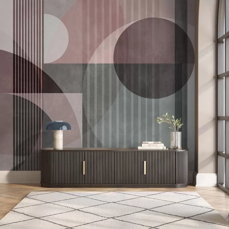 Fototapeedid Abstraktsed geomeetrilised kujundid ringide ja joontega, vaoshoitud toonid, tekstuurne, kihiline kompositsioon w09834v1