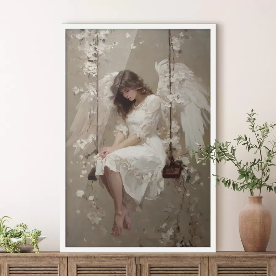 Fototapeedid õlimaalistiilis maalitud kiigel istuv inglikene f48789