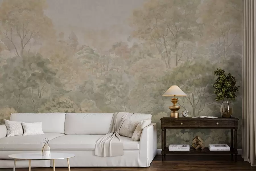 Fototapeedid Vintage-stiilis metsamaastik vaoshoitud rohelistes toonides w05433