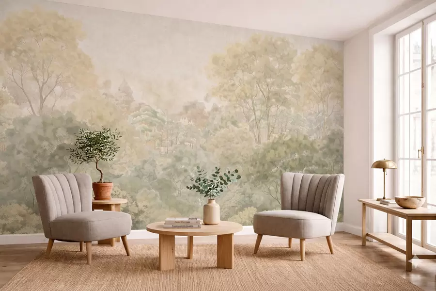 Fototapeedid Vintage-stiilis metsamaastik vaoshoitud rohelistes toonides w05433