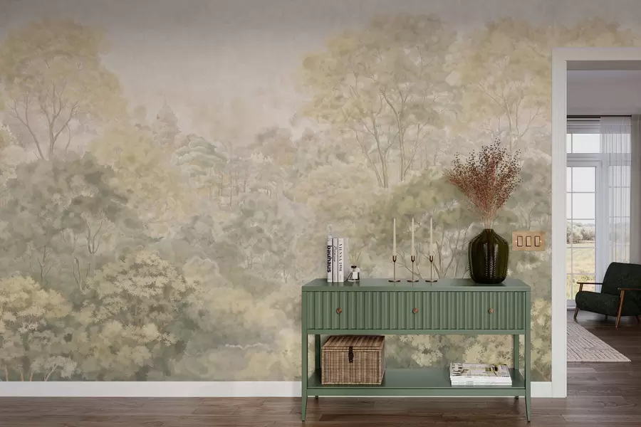 Fototapeedid Vintage-stiilis metsamaastik vaoshoitud rohelistes toonides w05433
