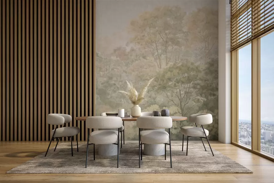 Fototapeedid Vintage-stiilis metsamaastik vaoshoitud rohelistes toonides w05433