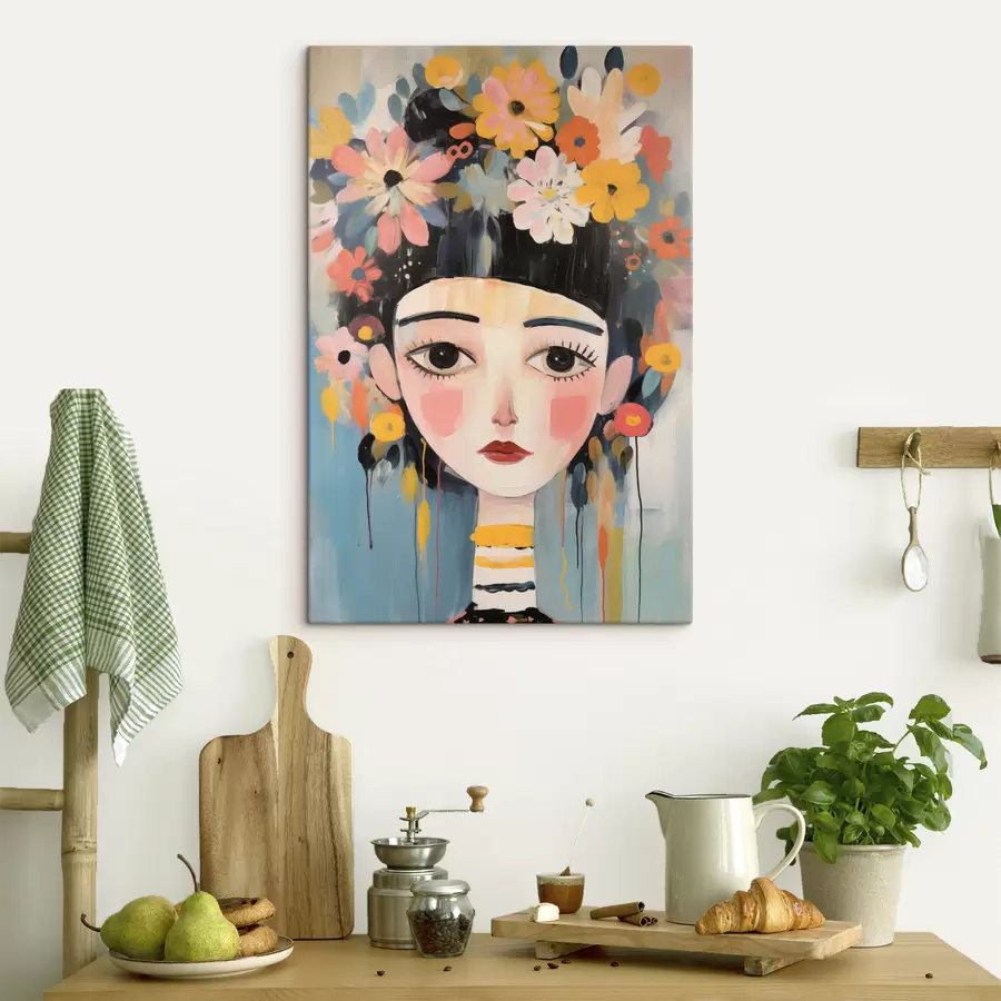 Pilt Portree naisest, kellel on juustes lilled, abstraktne stiil s48935