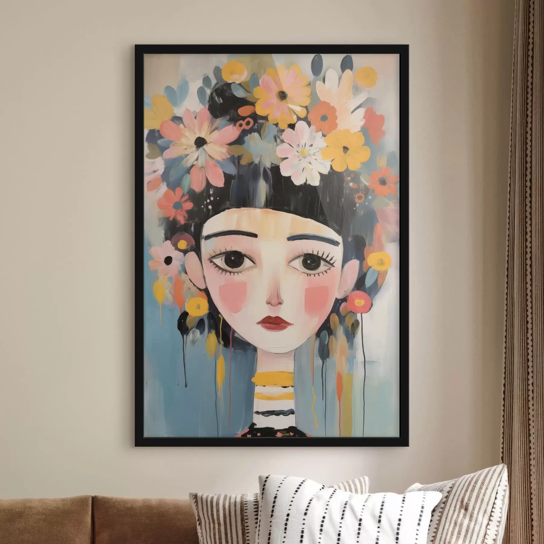 Pilt Portree naisest, kellel on juustes lilled, abstraktne stiil f48935