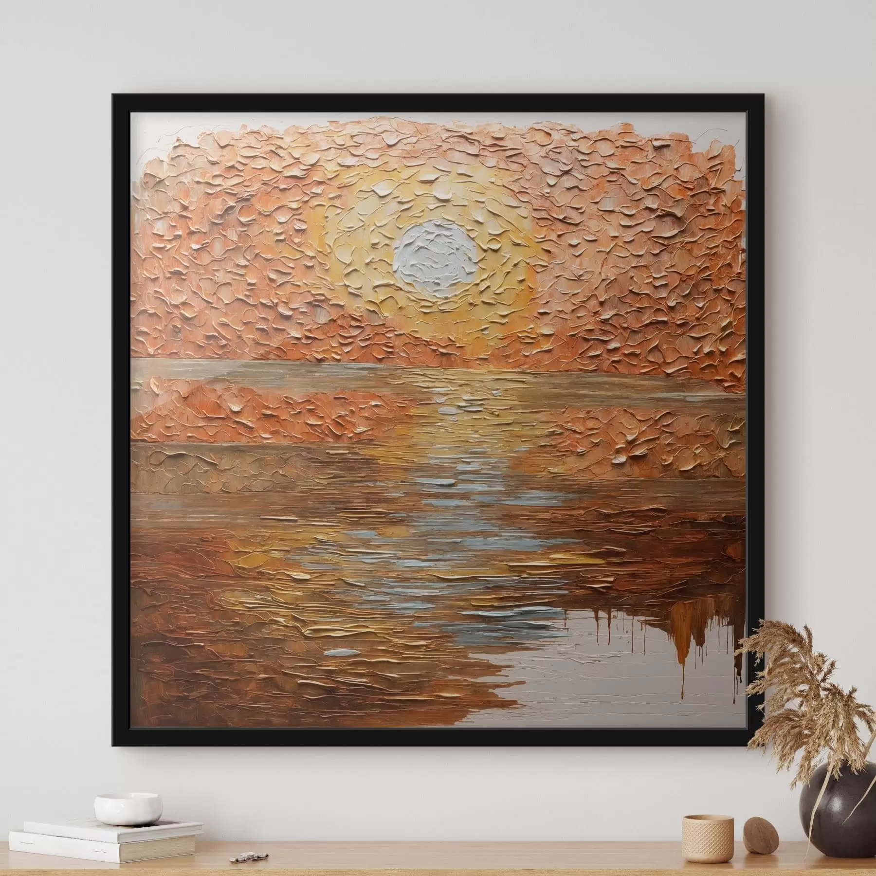 Fototapeedid Impasto-stiilis abstraktne päikeseloojang vee kohal f48815