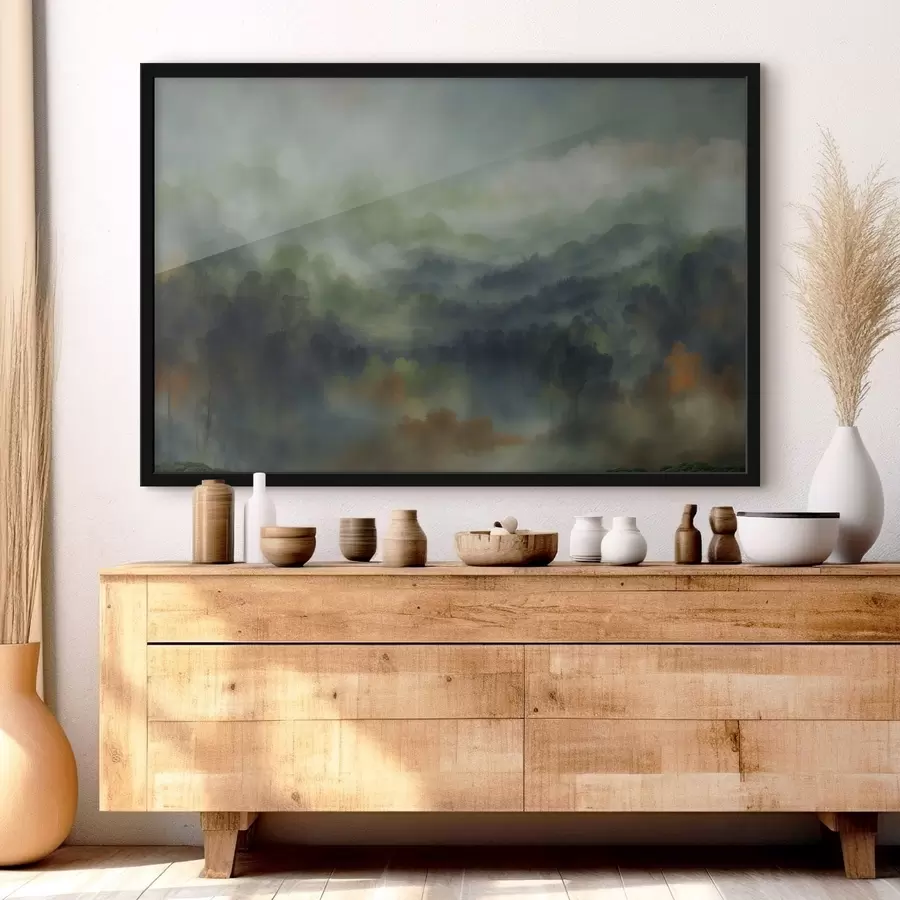 Fototapeedid Õhustikuga udune metsamaastik rohelistes toonides f48821