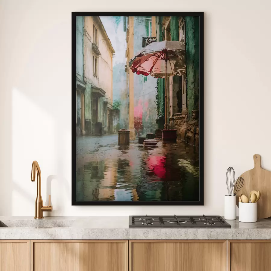 Pilt Realistlik pilt vihmasest tänavast, kus on vihmavari ja peegeldused f48829